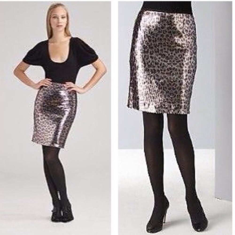 Nanette Lepore Sequin Leopard Print Pencil Skirt 8 Short Holiday Glam Cocktail